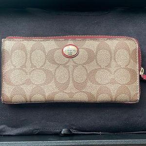 Leather Coach Long zip around Signature Canvas Wallet